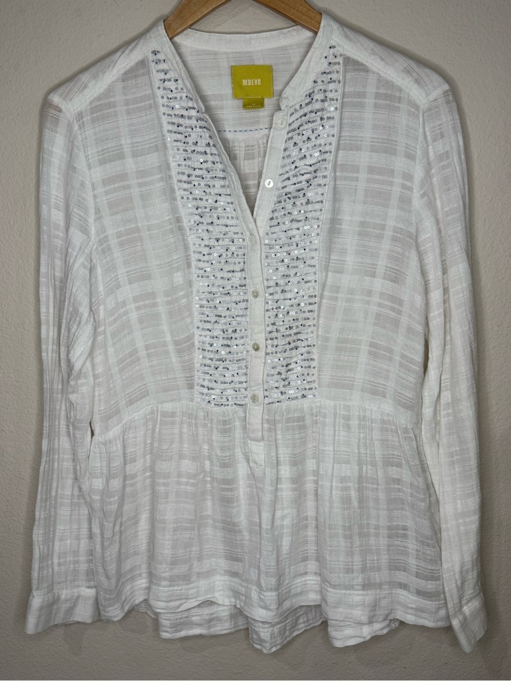 Maeve by Anthropologie White Tunic Blue & Silver Sequins Top Women’s Size 10